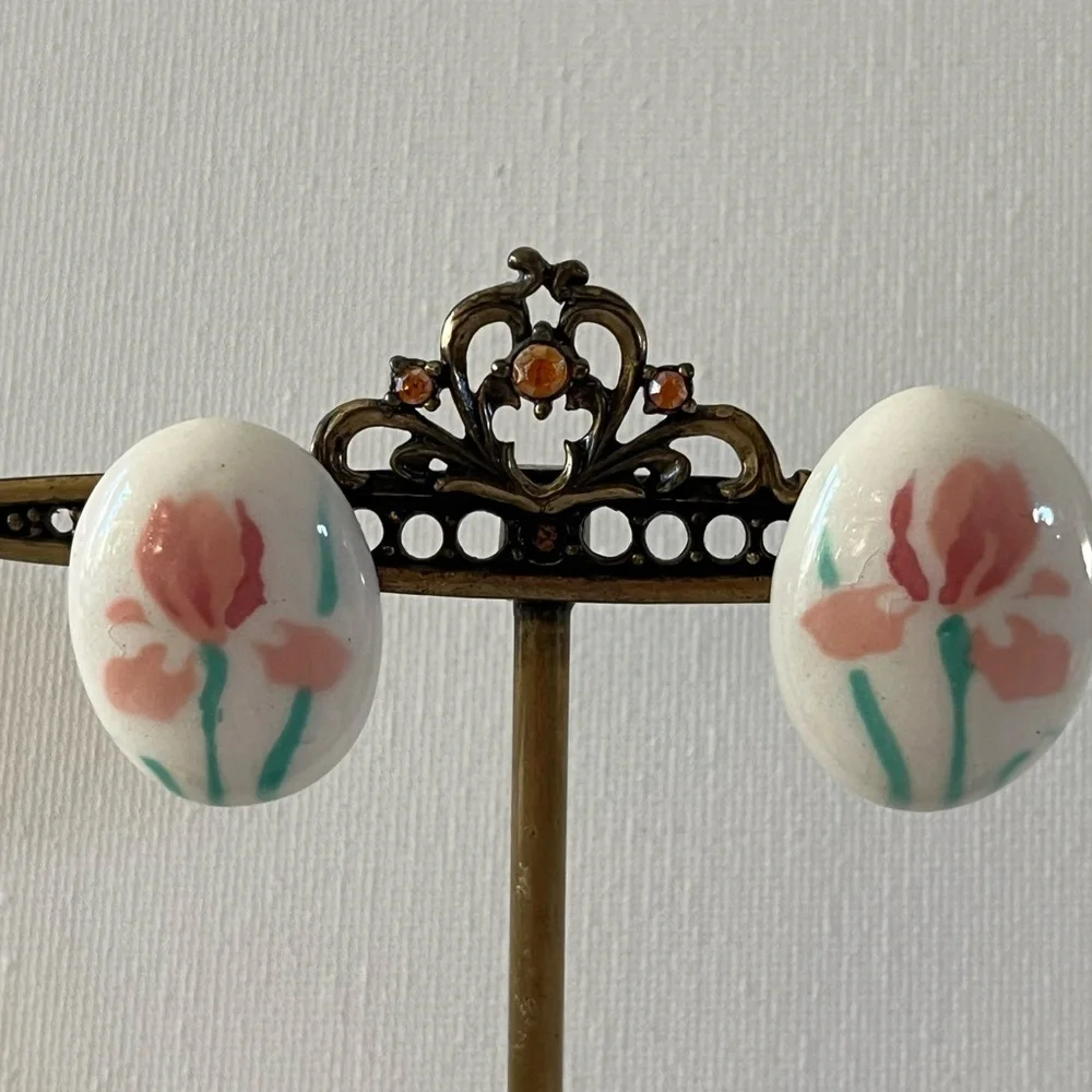 Iris ceramic oval clip on Earrings on Porcelain flower earrings..